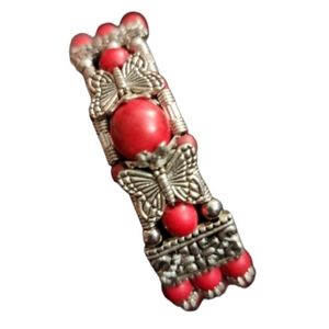 Butterfly Bangle Bracelet Silver Red Bead Beaded Layered Boho Spring Summer